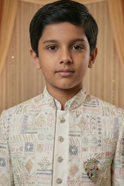 Cream Art Silk Embroidered Boys Indo Western