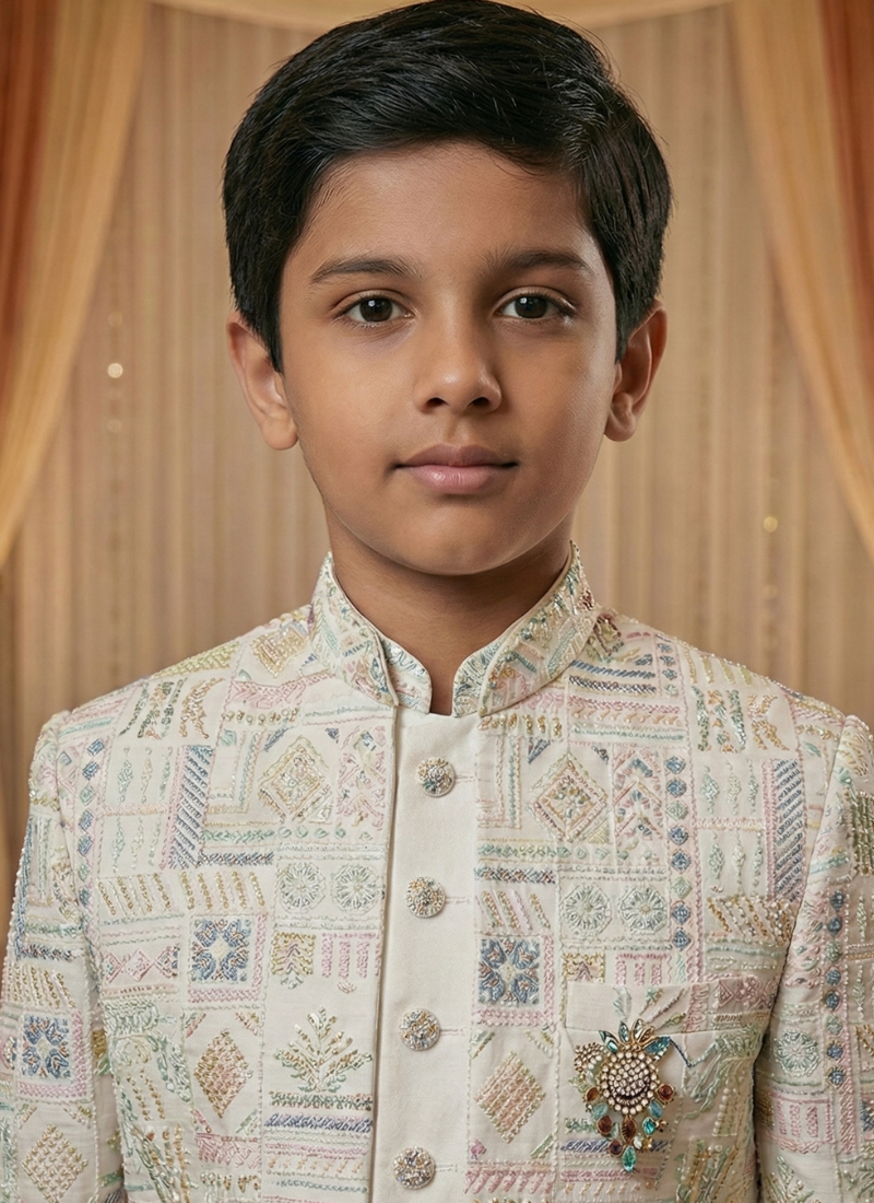 Cream Art Silk Embroidered Boys Indo Western