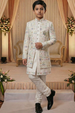 Cream Art Silk Embroidered Boys Indo Western