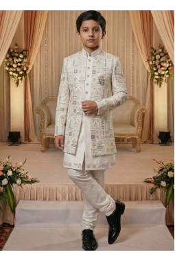 Cream Art Silk Embroidered Boys Indo Western