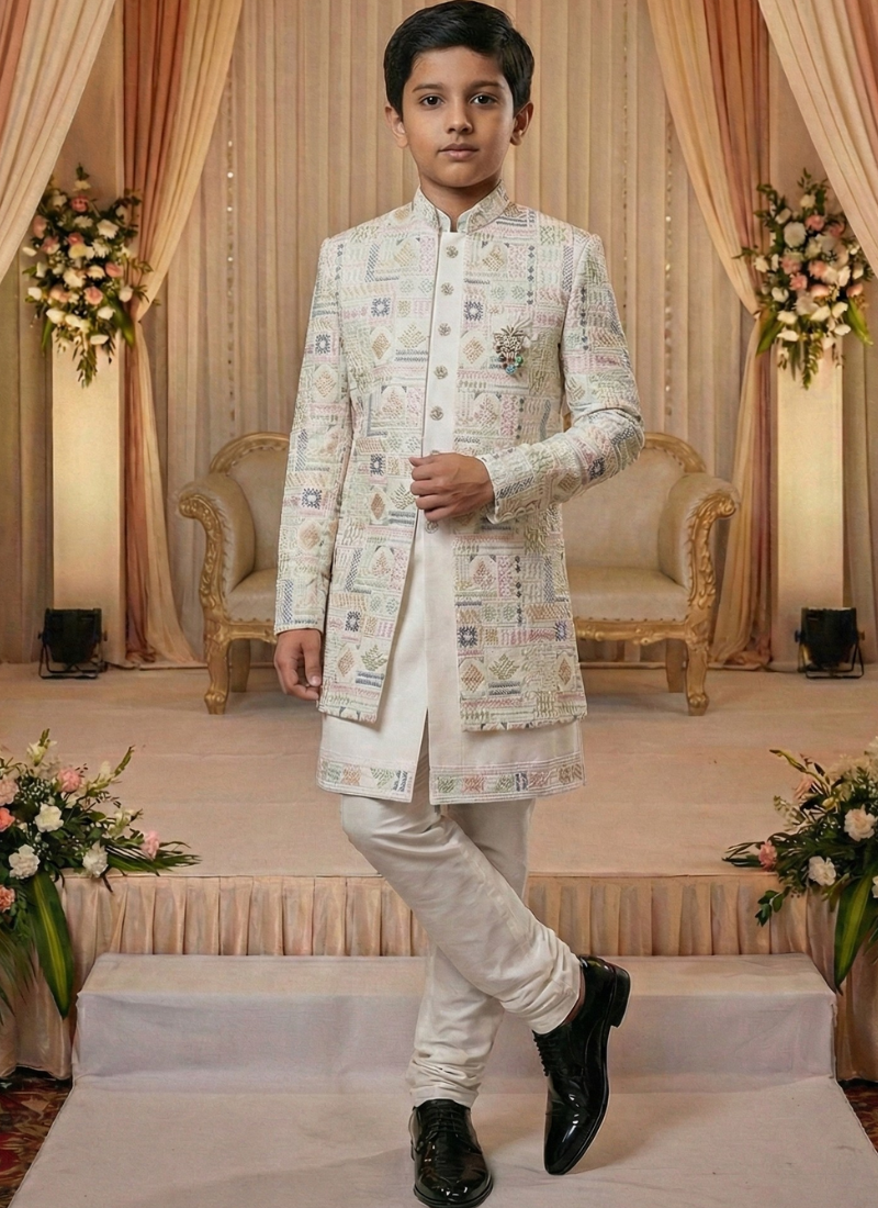 Cream Art Silk Embroidered Boys Indo Western