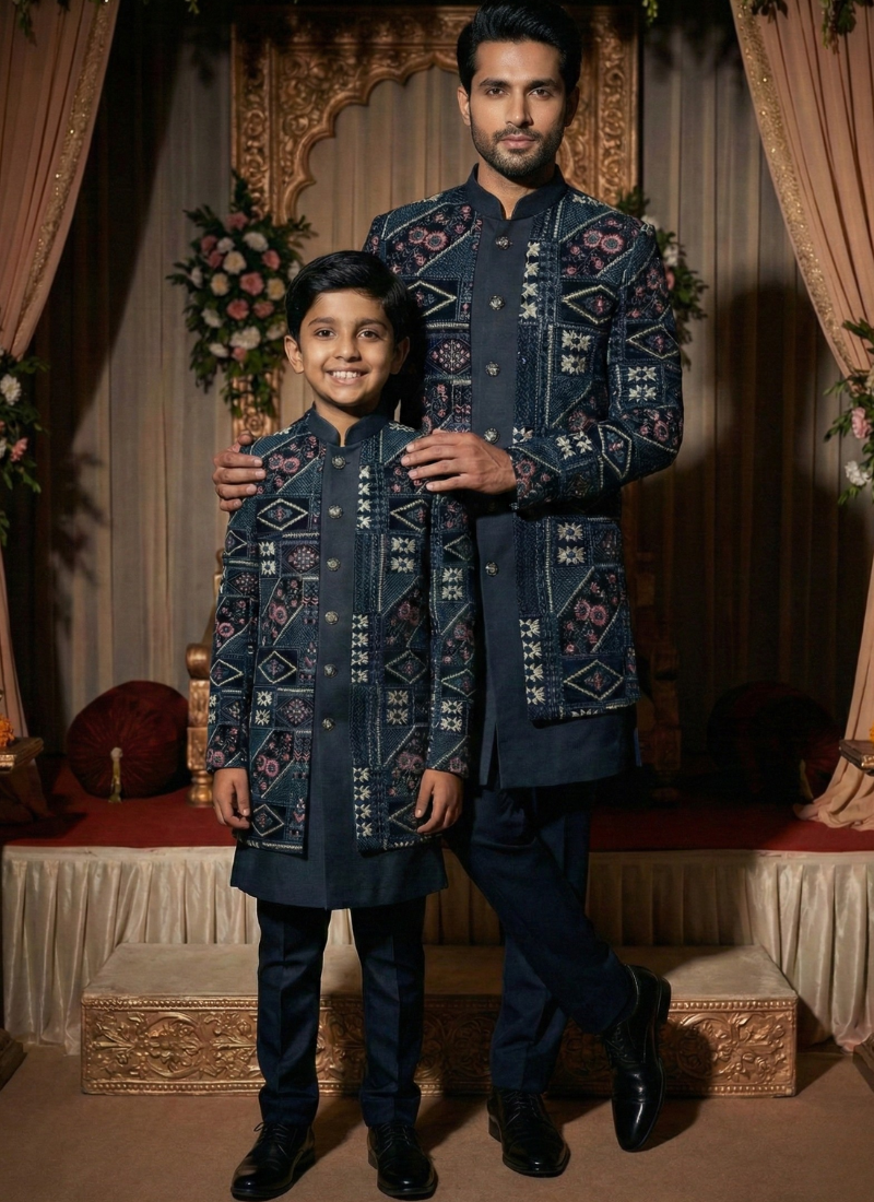 Black Velvet Embroidered Boys Indo Western