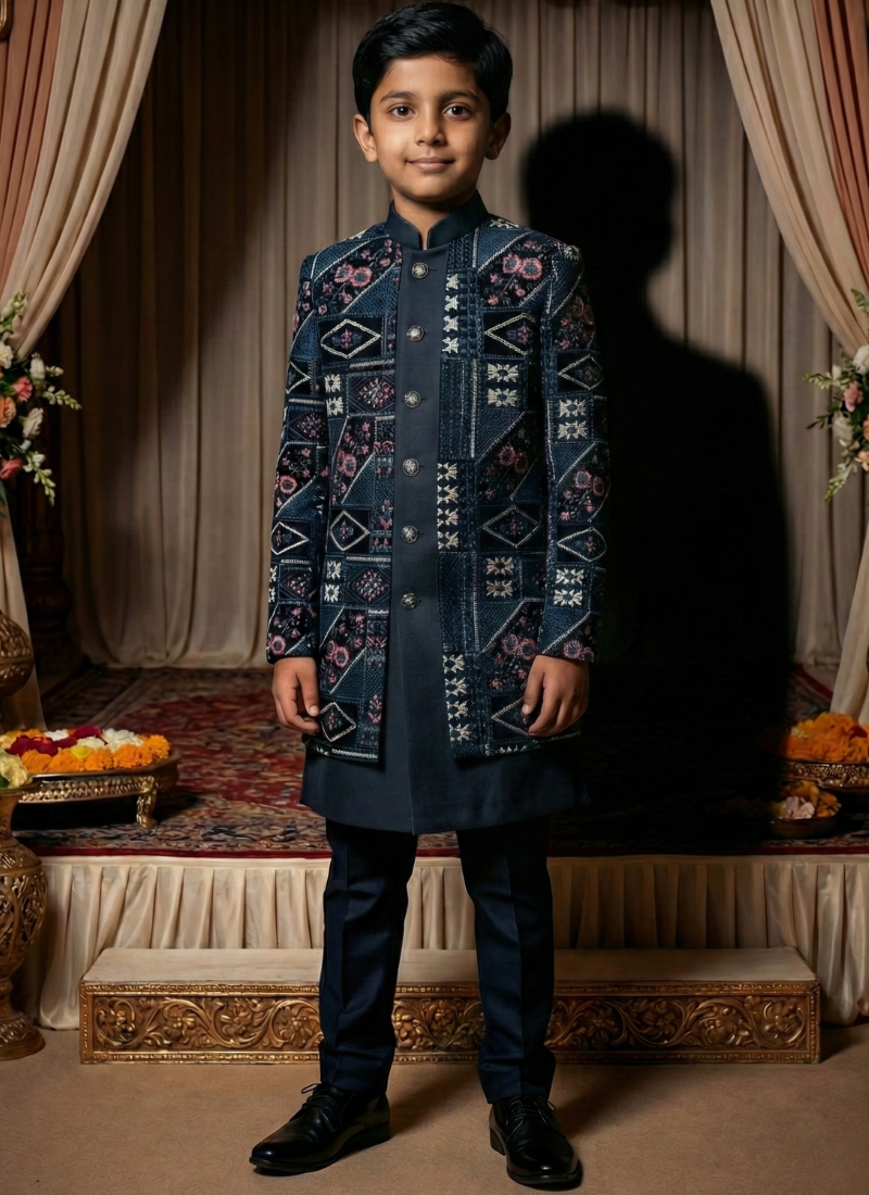 Black Velvet Embroidered Boys Indo Western