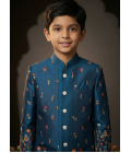 Teal Linen Silk Embroidered Boys Indo Western