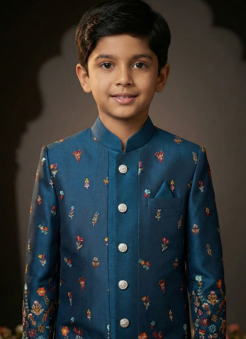 Teal Linen Silk Embroidered Boys Indo Western