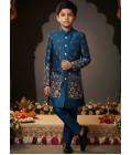 Teal Linen Silk Embroidered Boys Indo Western