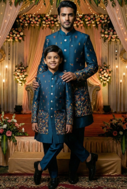 Teal Linen Silk Embroidered Boys Indo Western