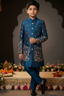 Teal Linen Silk Embroidered Boys Indo Western