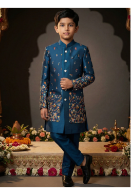 Teal Linen Silk Embroidered Boys Indo Western