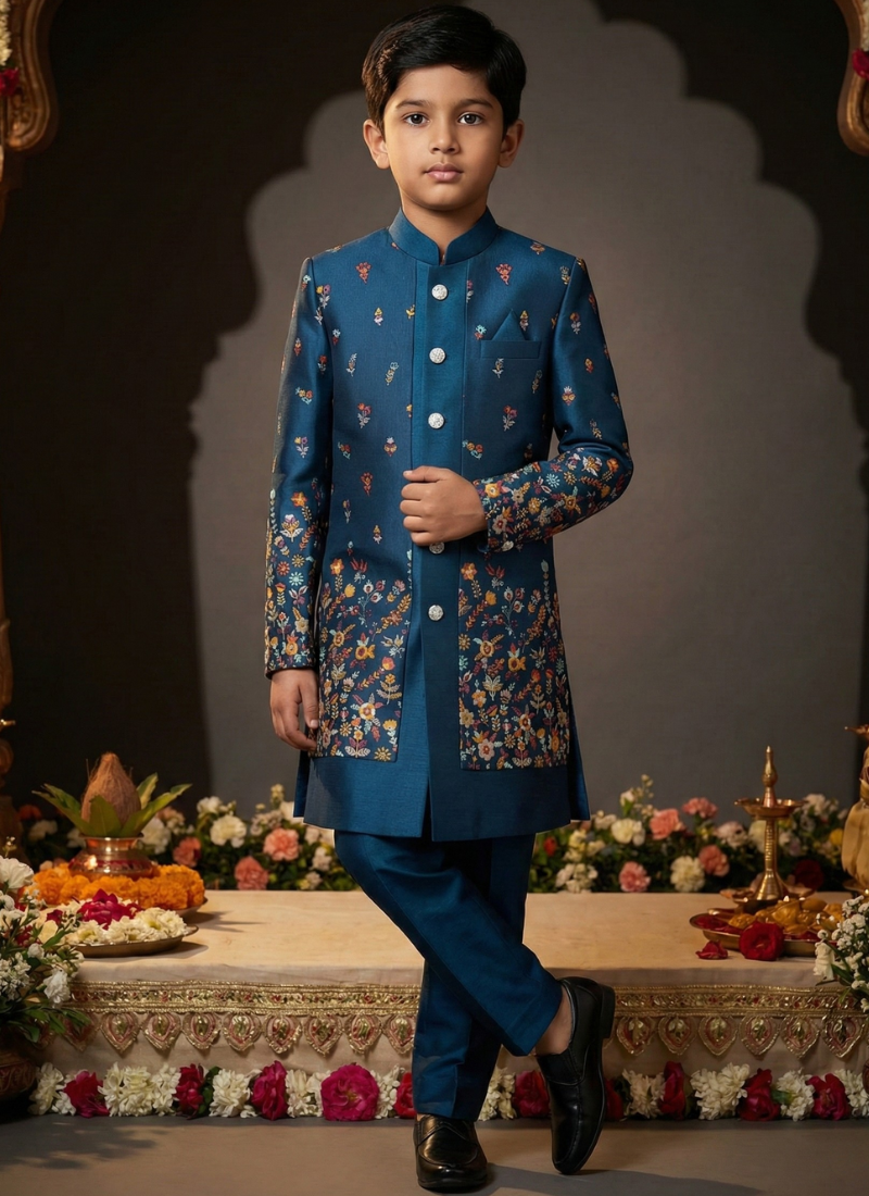 Teal Linen Silk Embroidered Boys Indo Western