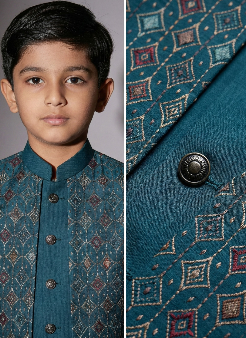 Teal Art Silk Embroidered Boys Indo Western