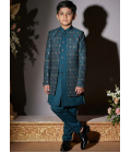 Teal Art Silk Embroidered Boys Indo Western