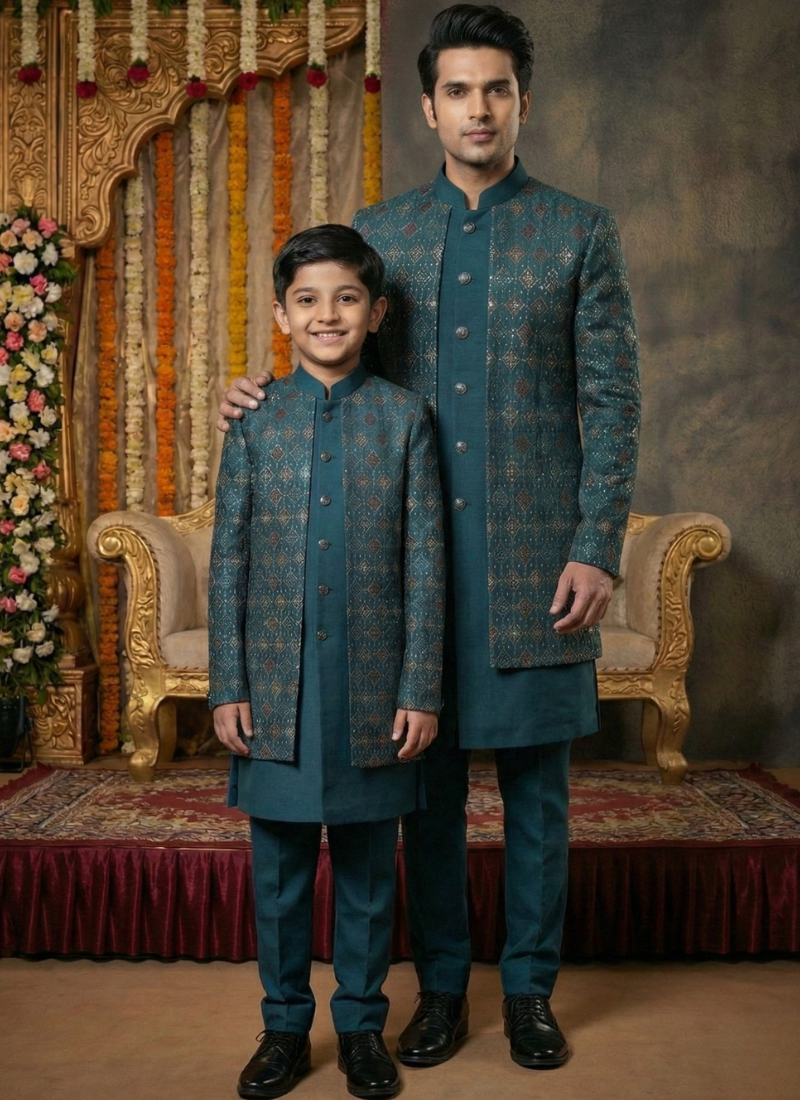 Teal Art Silk Embroidered Boys Indo Western