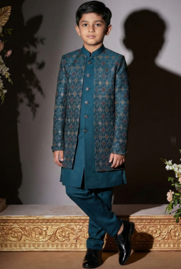 Teal Art Silk Embroidered Boys Indo Western