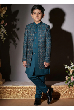 Teal Art Silk Embroidered Boys Indo Western