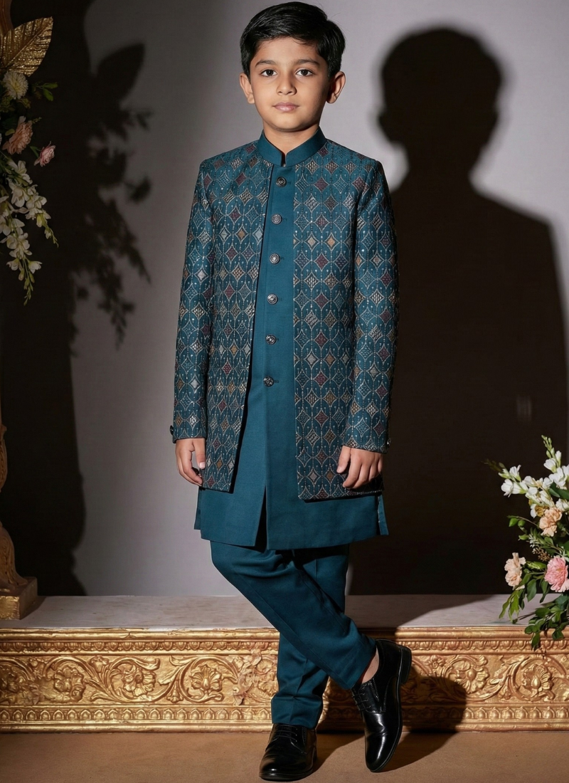 Teal Art Silk Embroidered Boys Indo Western