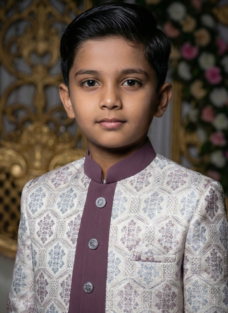 White Art Silk Embroidered Boys Indo Western