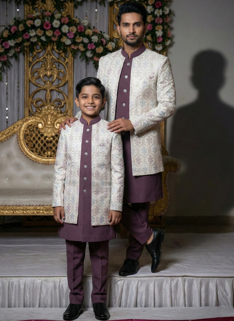White Art Silk Embroidered Boys Indo Western