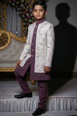 White Art Silk Embroidered Boys Indo Western