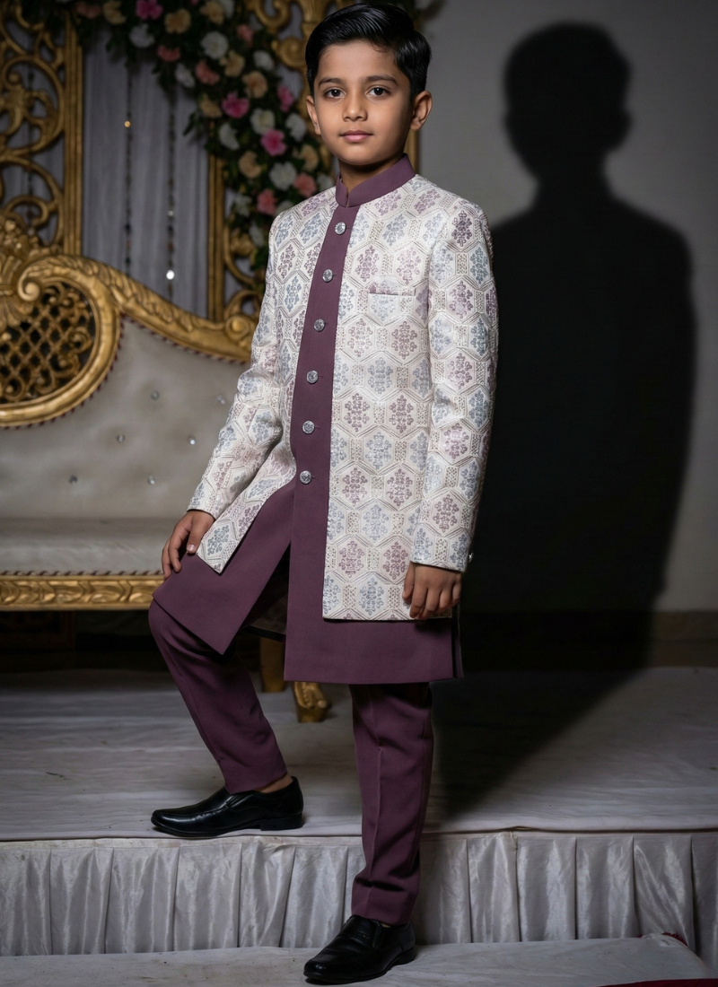 White Art Silk Embroidered Boys Indo Western