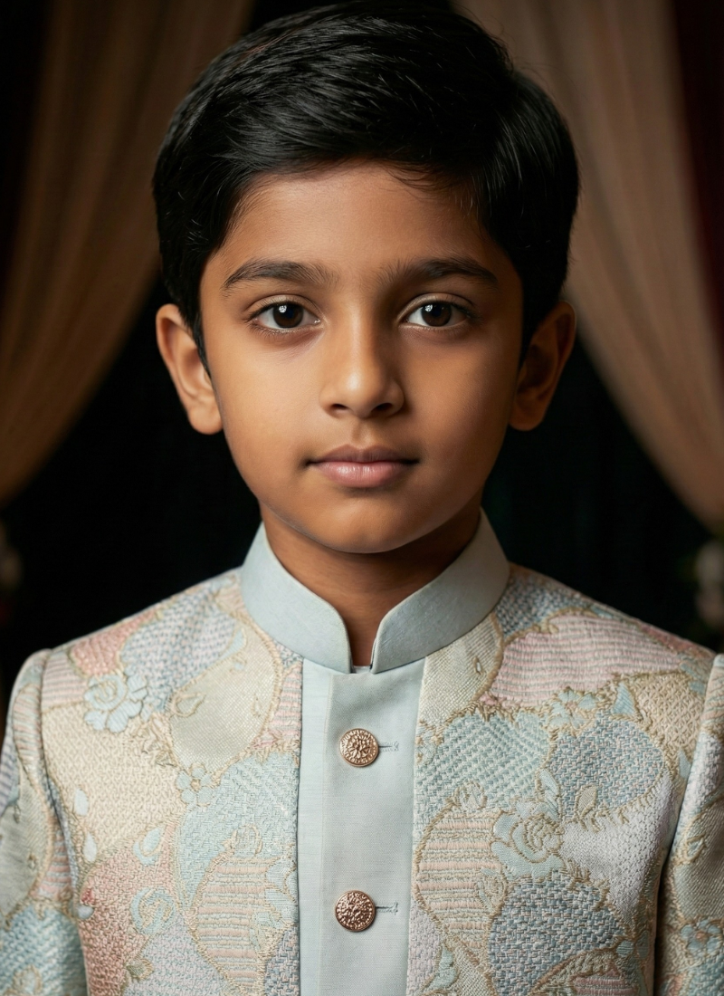 Grey Linen Silk Embroidered Boys Indo Western