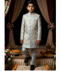 Grey Linen Silk Embroidered Boys Indo Western
