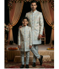 Grey Linen Silk Embroidered Boys Indo Western