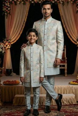 Grey Linen Silk Embroidered Boys Indo Western