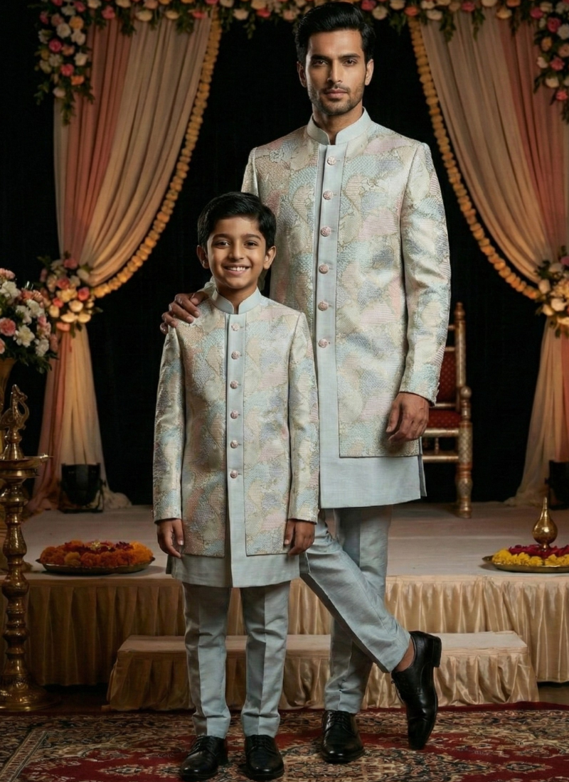 Grey Linen Silk Embroidered Boys Indo Western