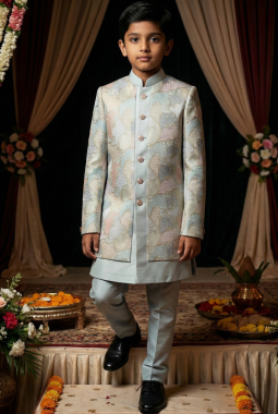 Grey Linen Silk Embroidered Boys Indo Western