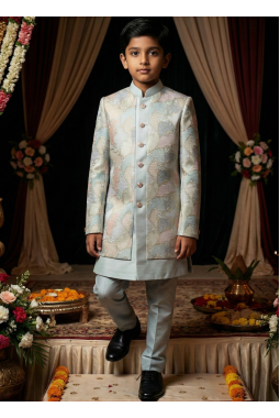 Grey Linen Silk Embroidered Boys Indo Western