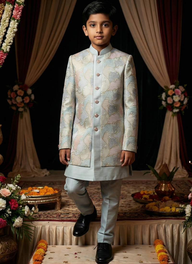 Grey Linen Silk Embroidered Boys Indo Western