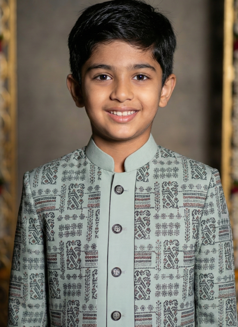 Slate Green Jorget Embroidered Boys Indo Western