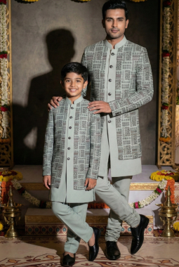 Slate Green Jorget Embroidered Boys Indo Western