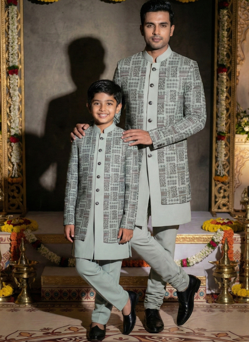 Slate Green Jorget Embroidered Boys Indo Western