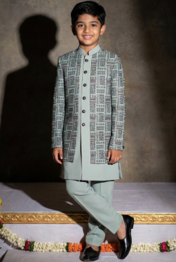 Slate Green Jorget Embroidered Boys Indo Western