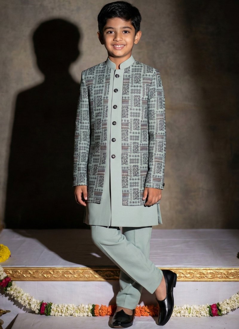 Slate Green Jorget Embroidered Boys Indo Western