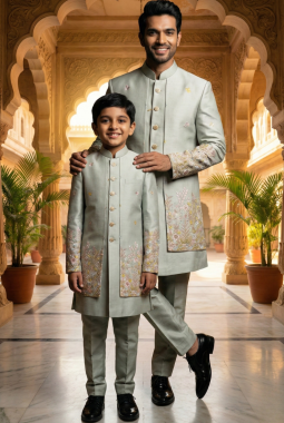 Pista Linen Silk Embroidered Boys Indo Western