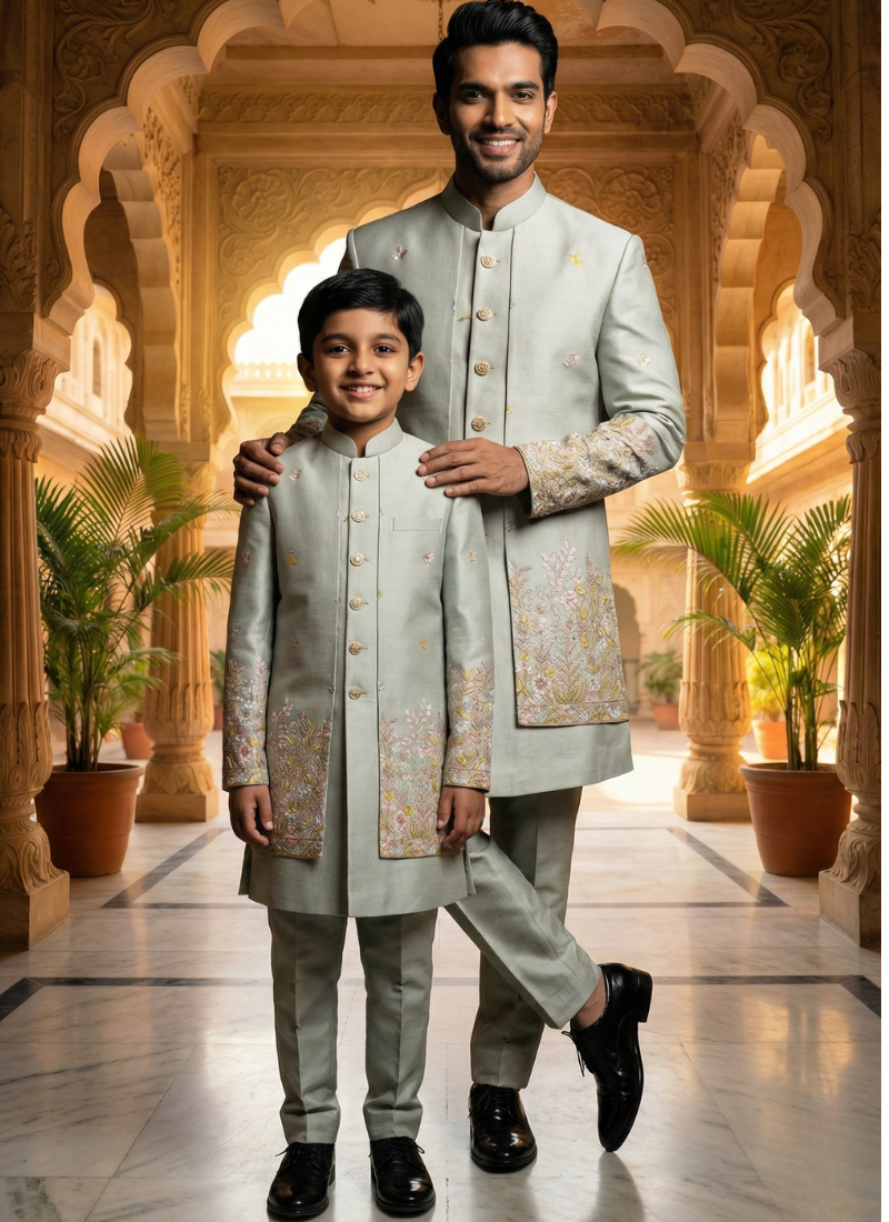 Pista Linen Silk Embroidered Boys Indo Western