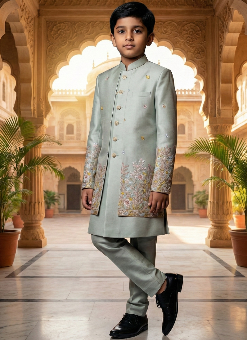 Pista Linen Silk Embroidered Boys Indo Western