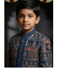 Teal Velvet Embroidered Boys Indo Western