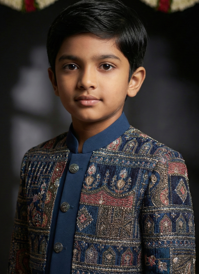 Teal Velvet Embroidered Boys Indo Western