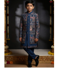 Teal Velvet Embroidered Boys Indo Western