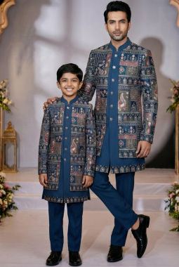 Teal Velvet Embroidered Boys Indo Western
