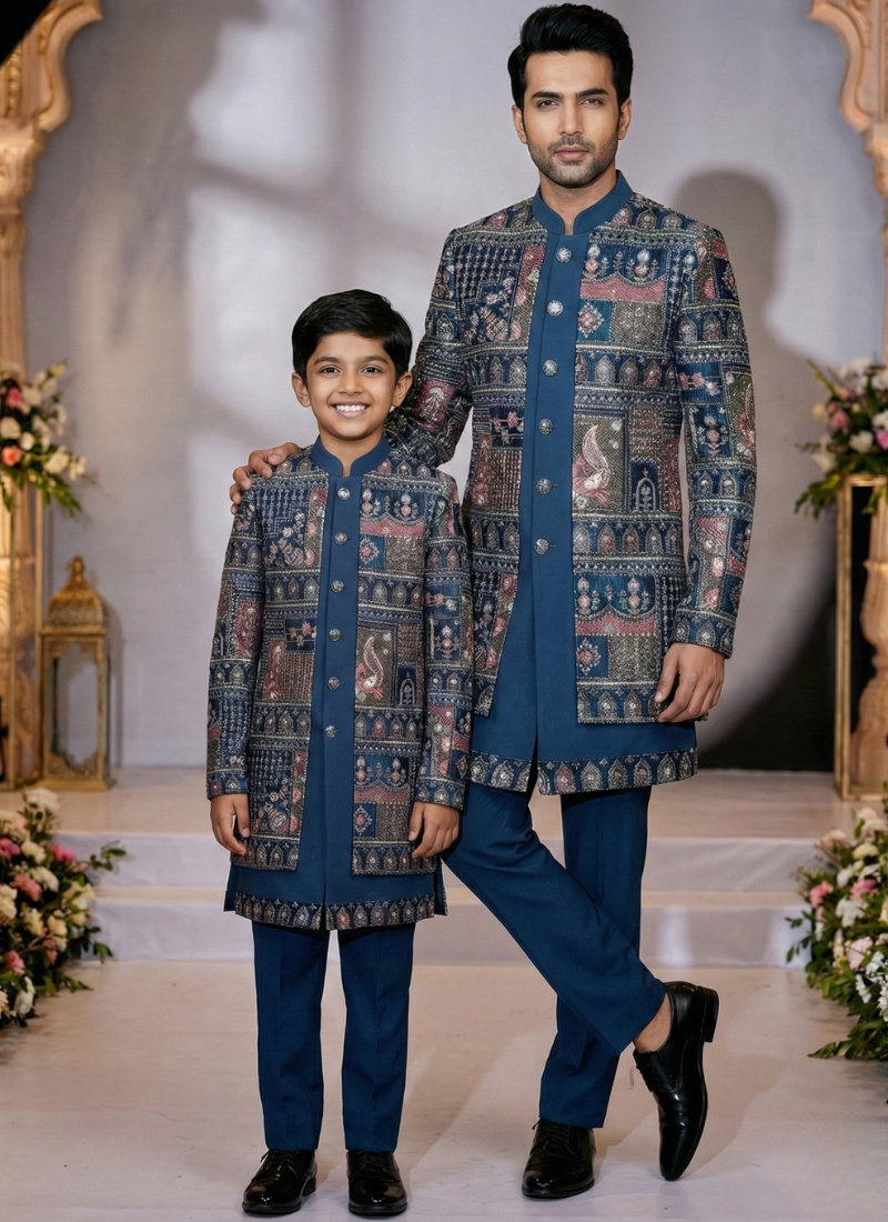 Teal Velvet Embroidered Boys Indo Western
