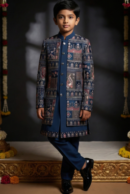 Teal Velvet Embroidered Boys Indo Western