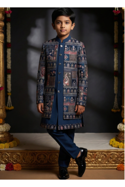 Teal Velvet Embroidered Boys Indo Western