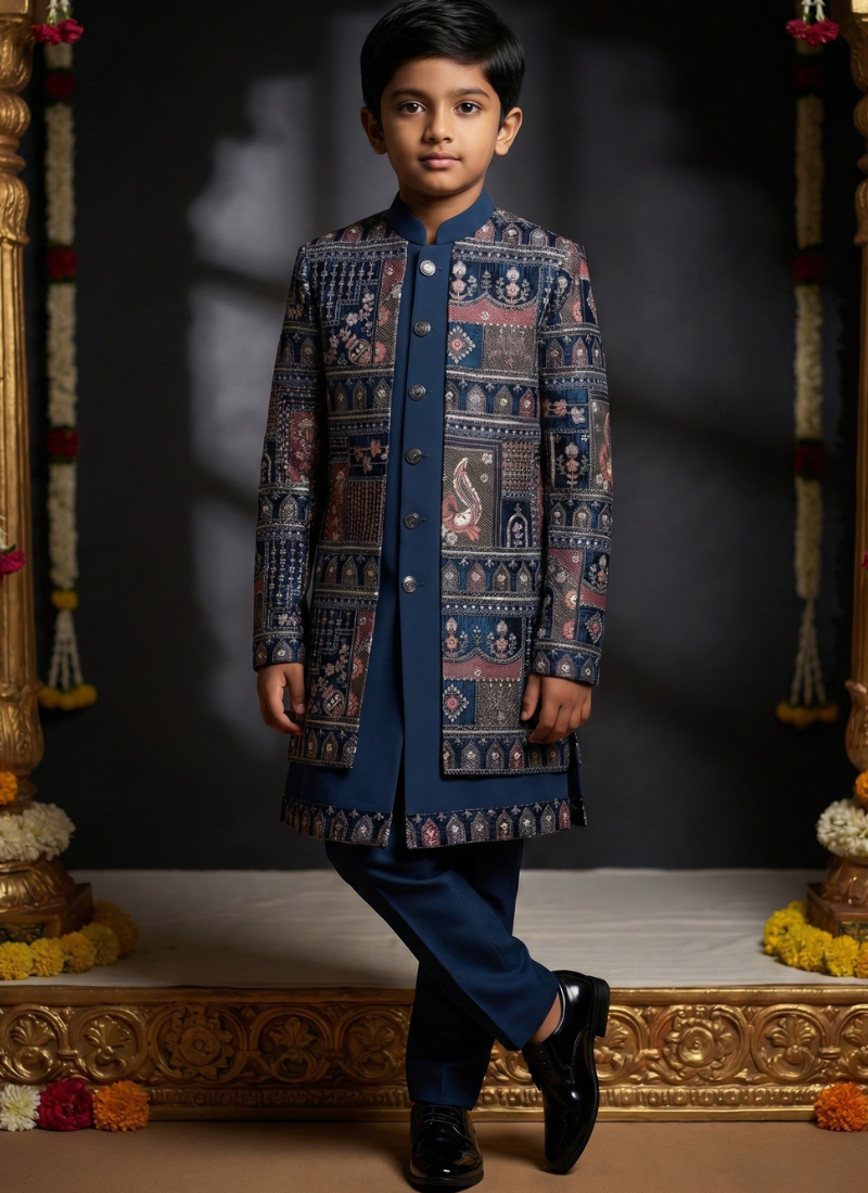 Teal Velvet Embroidered Boys Indo Western