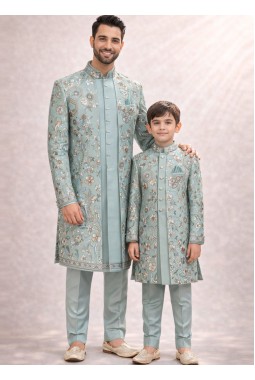 Slate Green Jorget Embroidered Father And Son Indo Western