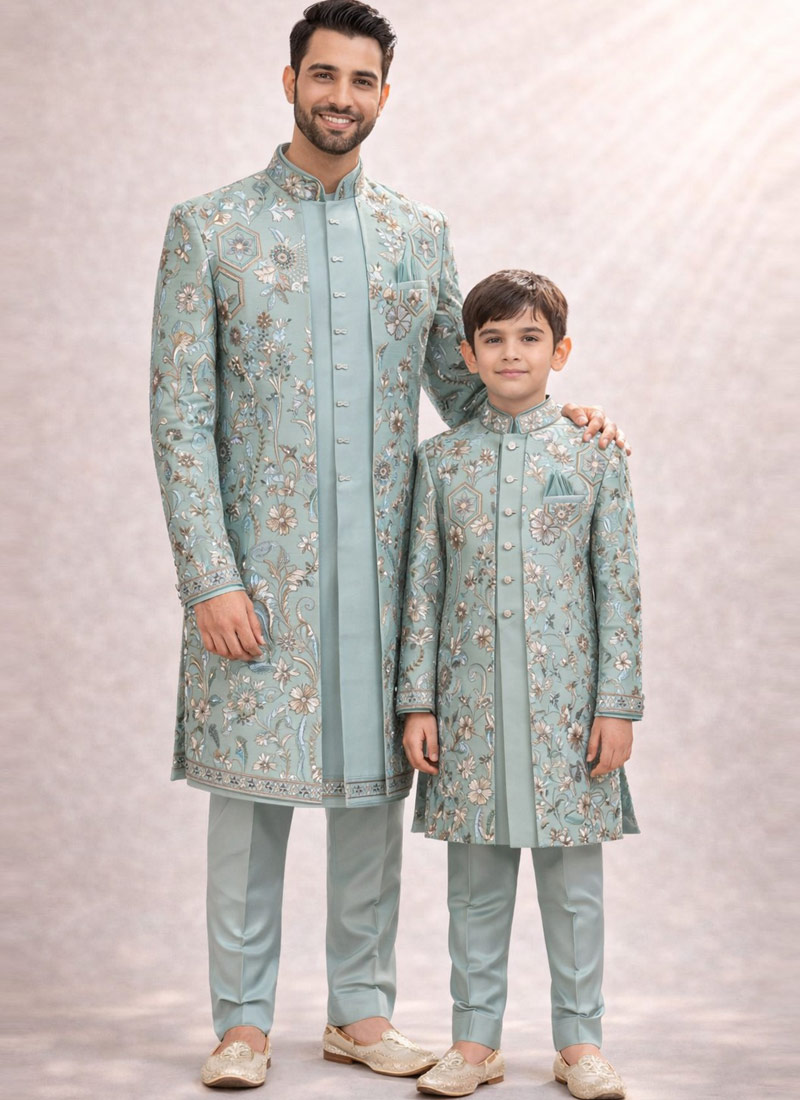 Slate Green Jorget Embroidered Father And Son Indo Western